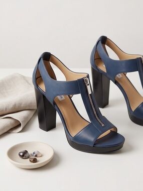 Michael Kors Navy Blue Zip Front Block Heel Sandals